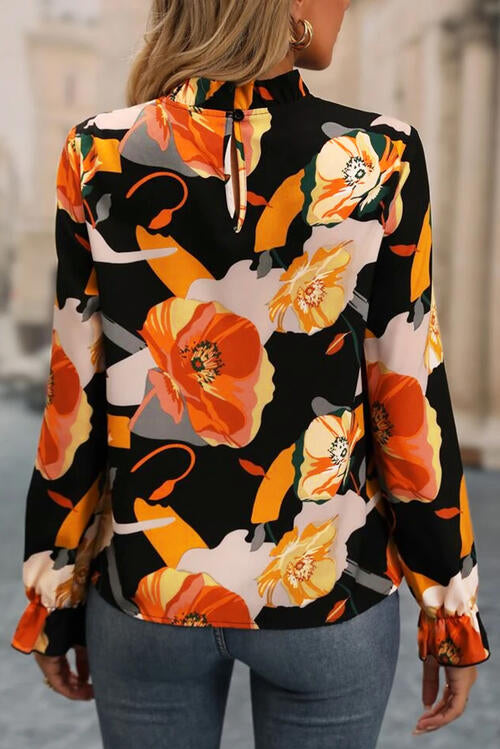 FLORAL MOCK NECK FLOUNCE SLEEVE BLOUSE