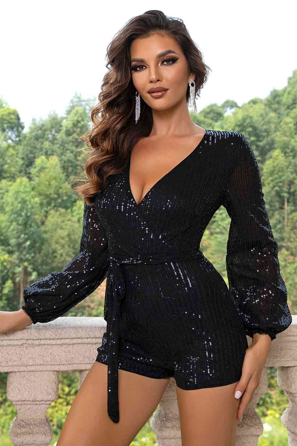 SEQUIN TIE WAIST LONG SLEEVE ROMPER
