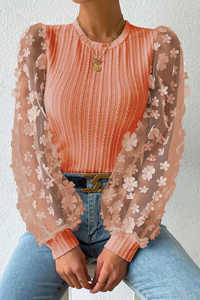 DOUBLE TAKE TEXTURED APPLIQUE LONG SLEEVE BLOUSE