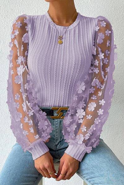DOUBLE TAKE TEXTURED APPLIQUE LONG SLEEVE BLOUSE