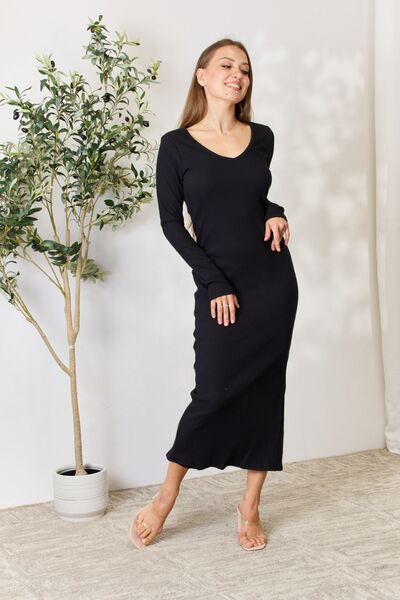 LONG SLEEVE RIBBED MIDI SLIT DRESS