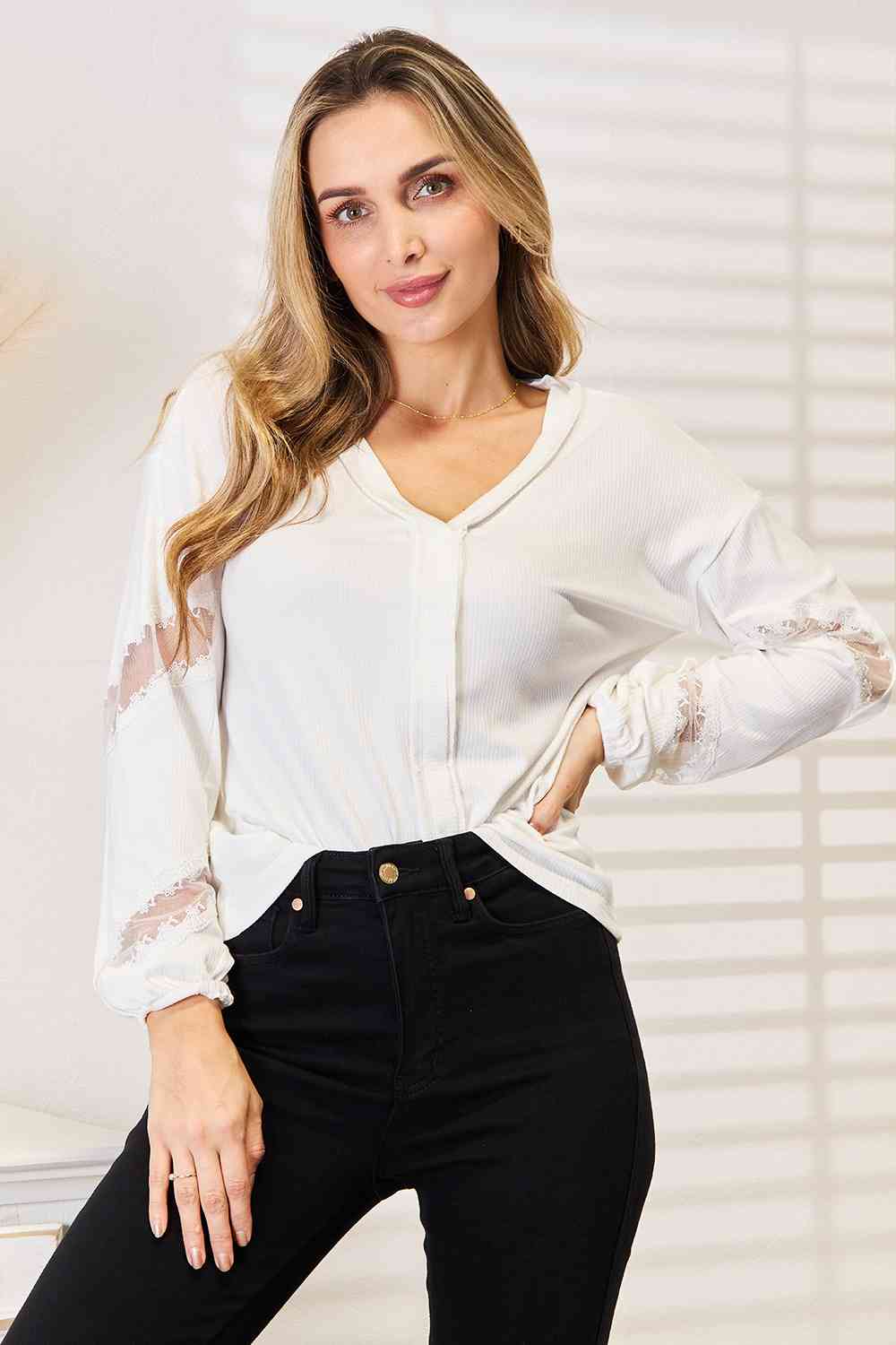 DOUBLE TAKE V NECK DROP SHOULDER BLOUSE