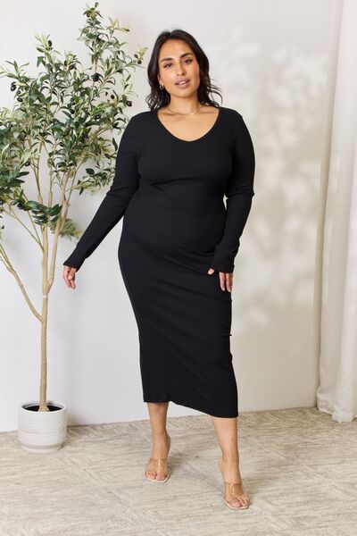 LONG SLEEVE RIBBED MIDI SLIT DRESS