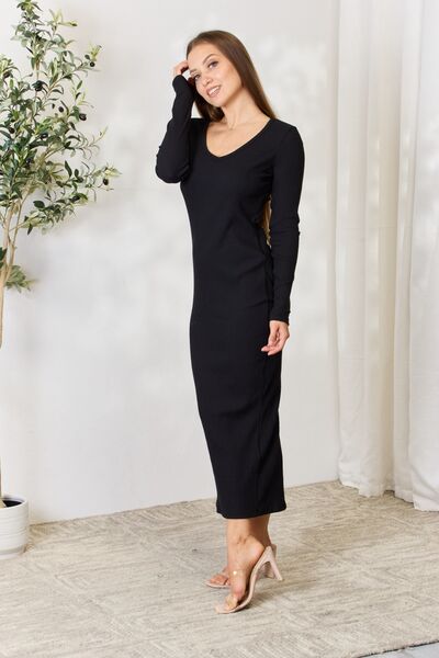 LONG SLEEVE RIBBED MIDI SLIT DRESS