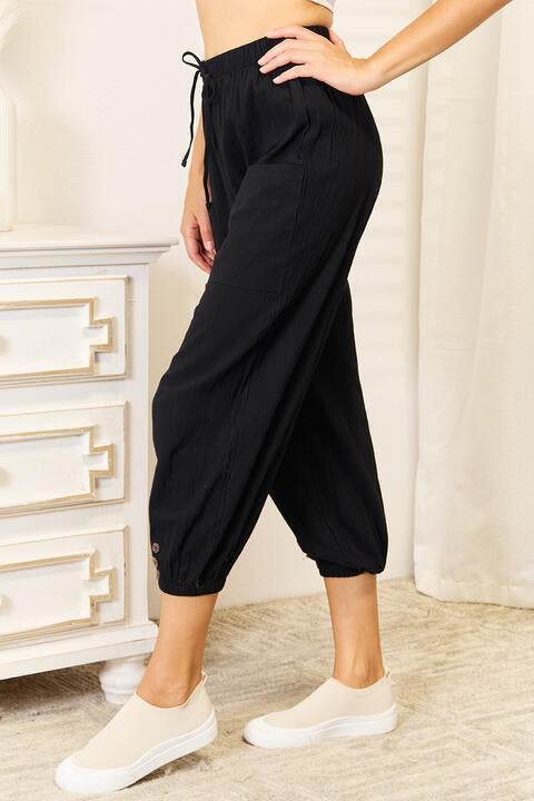 DOUBLE TAKE DECORATIVE BUTTON CROPPED PANTS