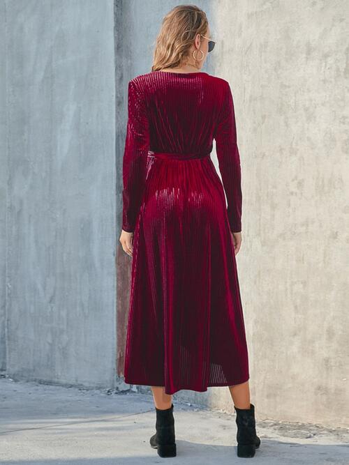 TIE FRONT LONG SLEEVE SLIT DRESS