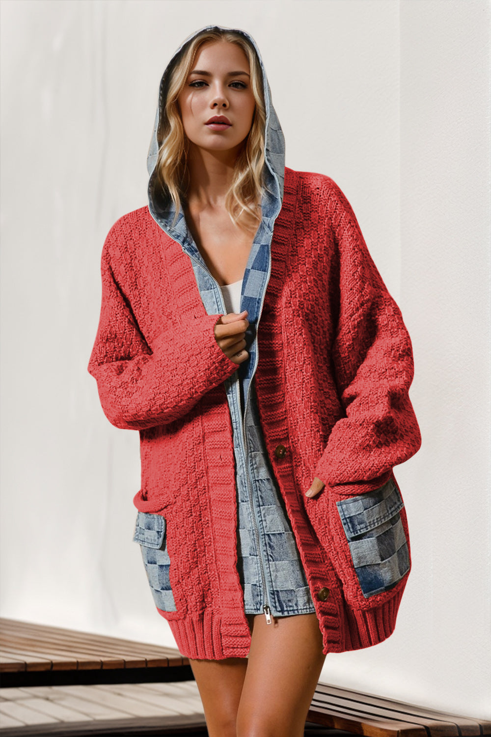 DOUBLE TAKE HOODED DENIM SPLICED SWEATERS CARDIGAN