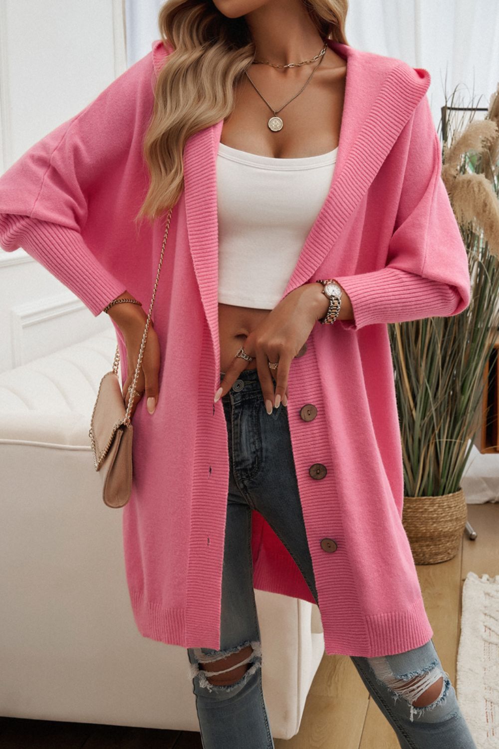 DEVINE BUTTON UP LONG SLEEVE HOODED CARDIGAN