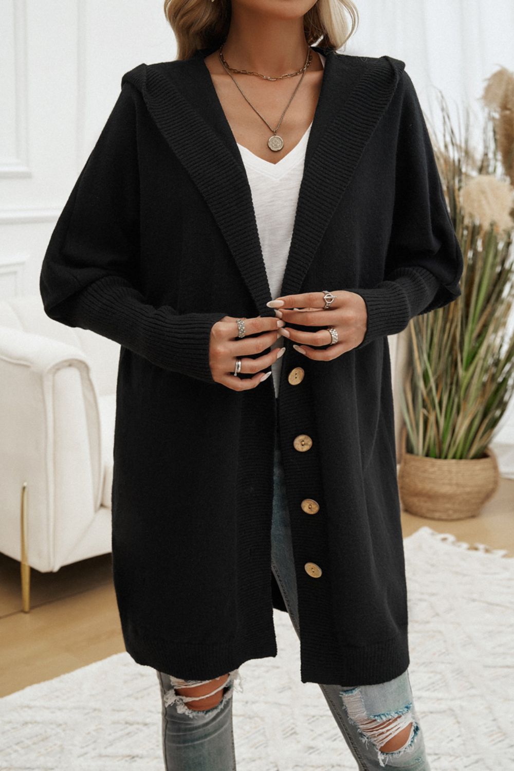 DEVINE BUTTON UP LONG SLEEVE HOODED CARDIGAN