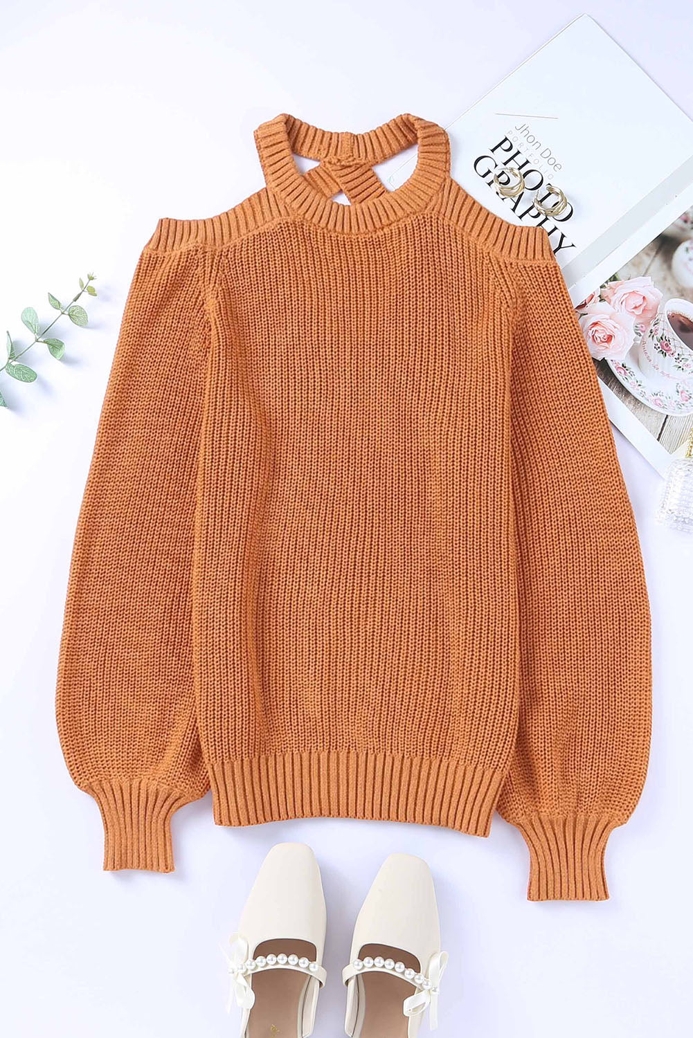 CUT-OUT BACK COLD SHOULDER LONG SLEEVE SWEATER