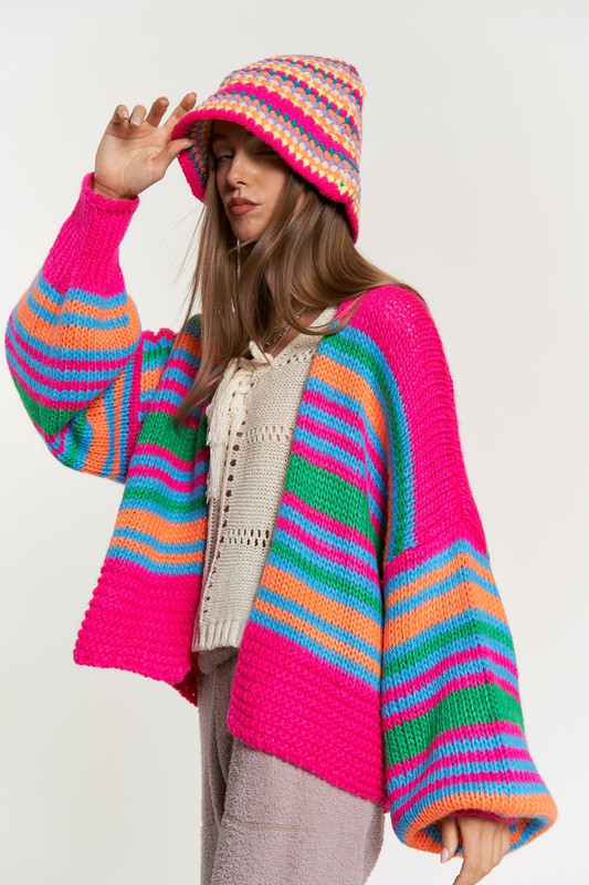 CHUNKY KNIT MULTI STRIPED OPEN SWEATER CARDIGAN