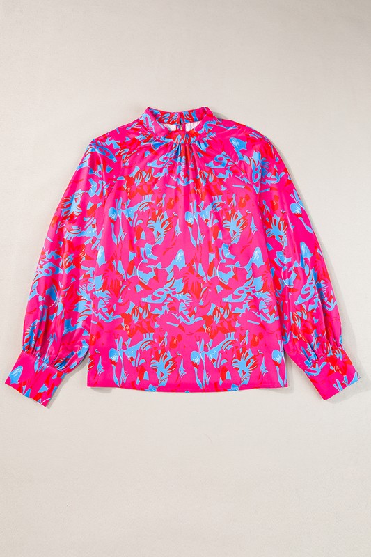 PRINTED BUBBLE SLEEVE MOCK NECK BLOUSE
