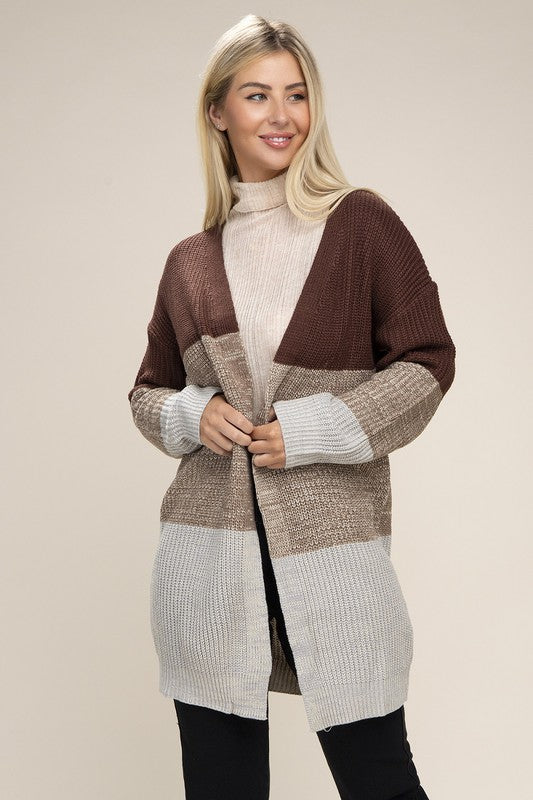 COLOR BLOCK OPEN FRONT CARDIGAN