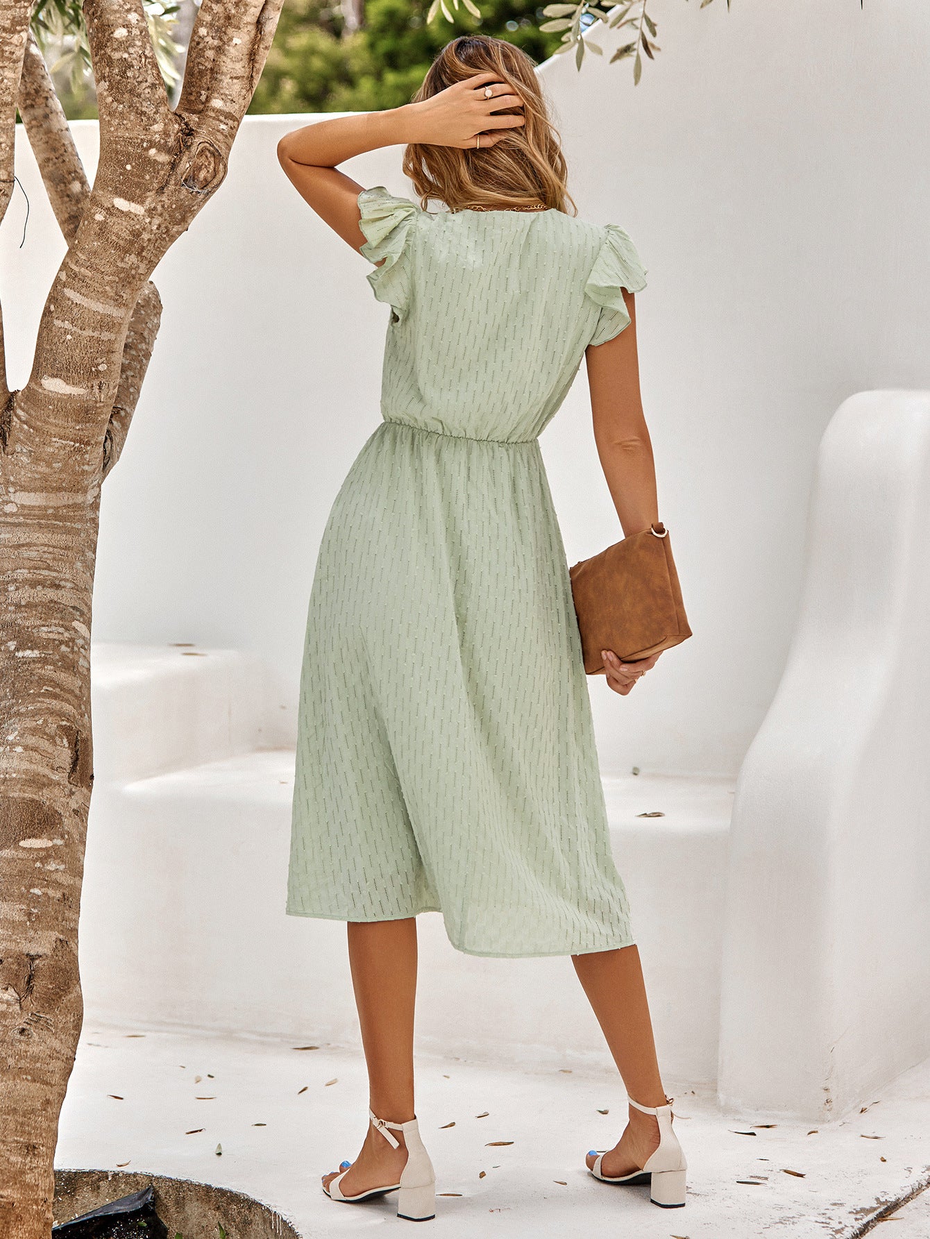 V-NECK FLUTTER SLEEVE MIDI DRESS