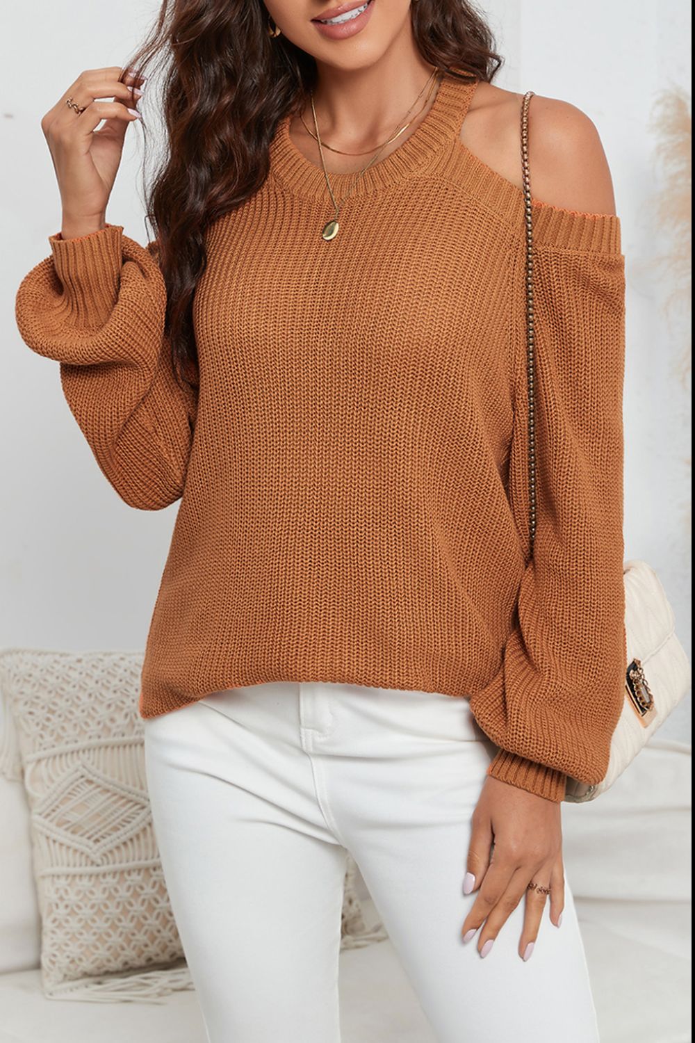 CUT-OUT BACK COLD SHOULDER LONG SLEEVE SWEATER