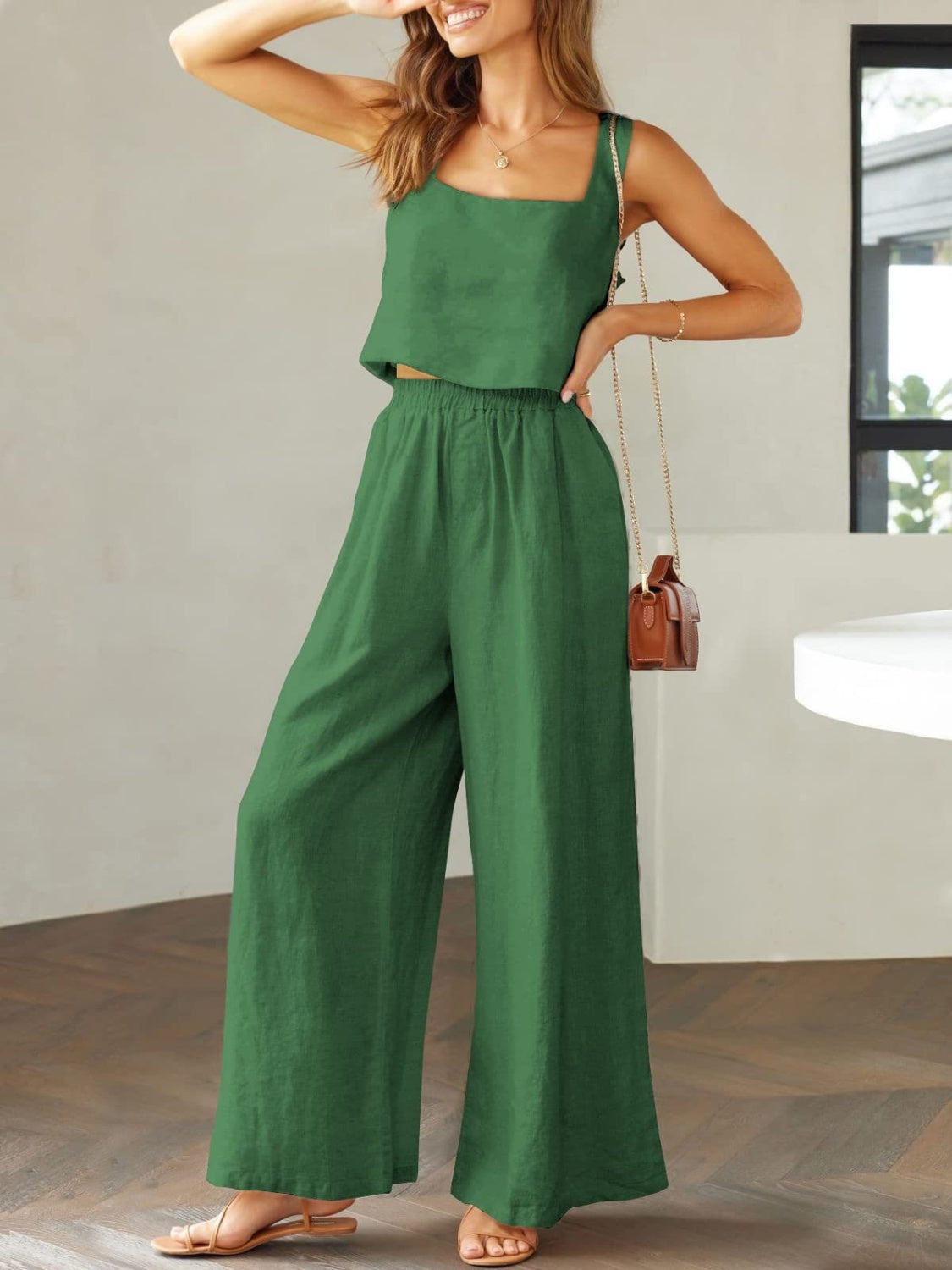 SQUARE NECK TOP AND WIDE LEG PANTS SET