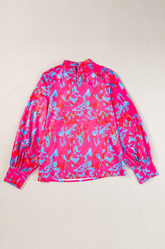 PRINTED BUBBLE SLEEVE MOCK NECK BLOUSE