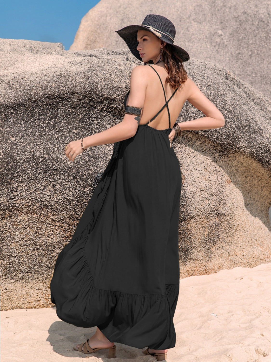 CRISS-CROSS BACK DRAWSTRING RUFFLE TRIM MAXI DRESS