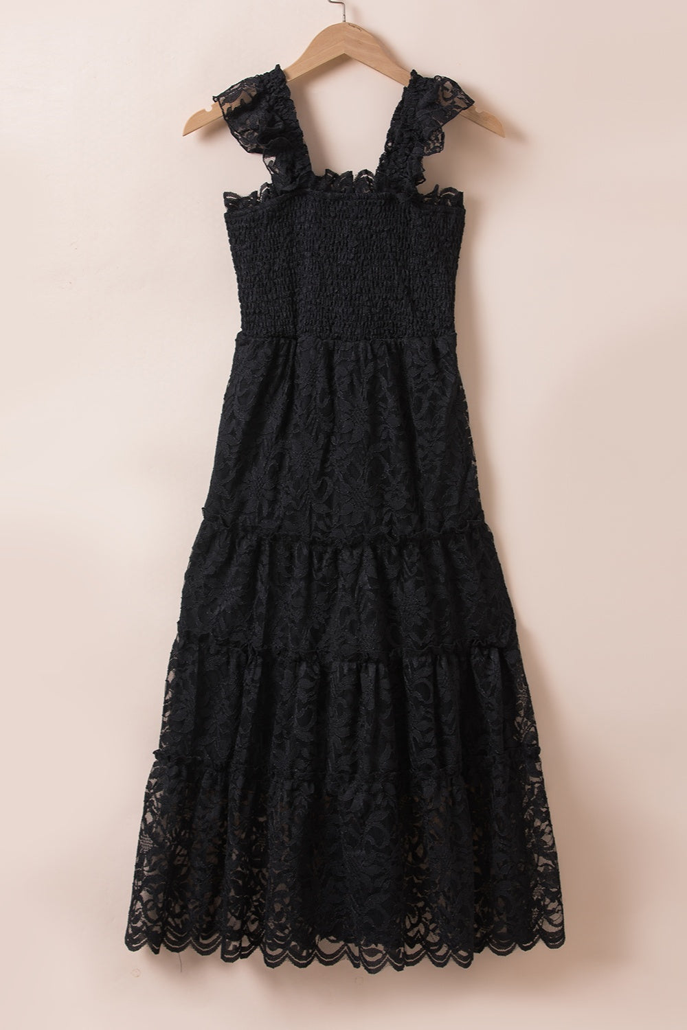 LACE RUFFLED WIDE STRAP MIDI DRESS