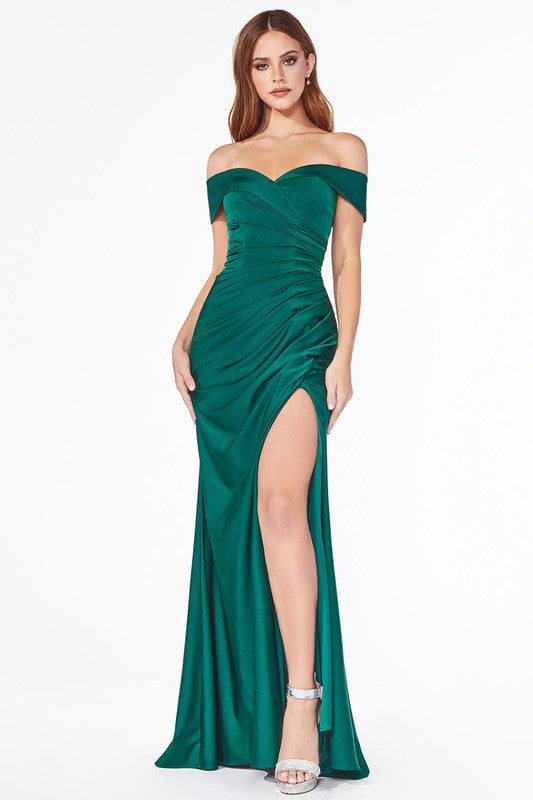 OFF THE SHOULDER RUCHED FITTED JERSEY GOWN
