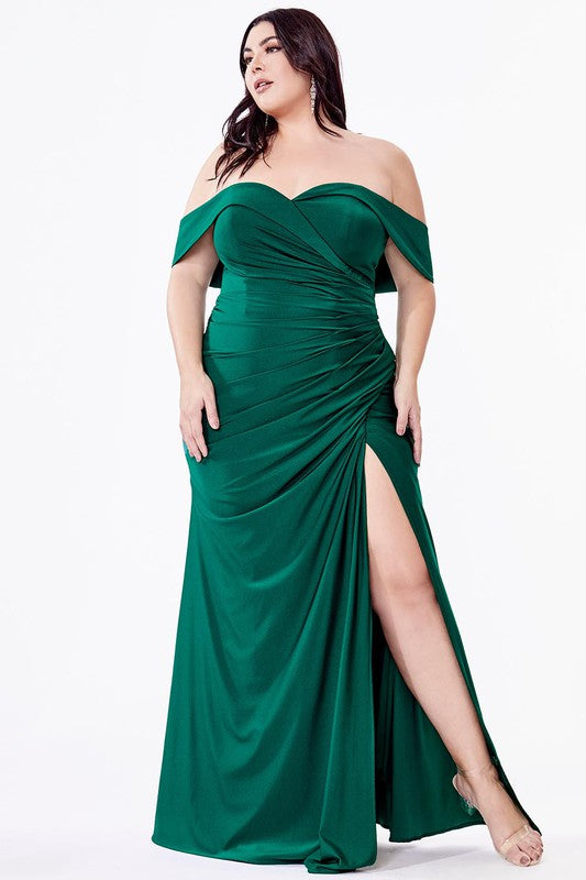 OFF THE SHOULDER RUCHED FITTED JERSEY GOWN