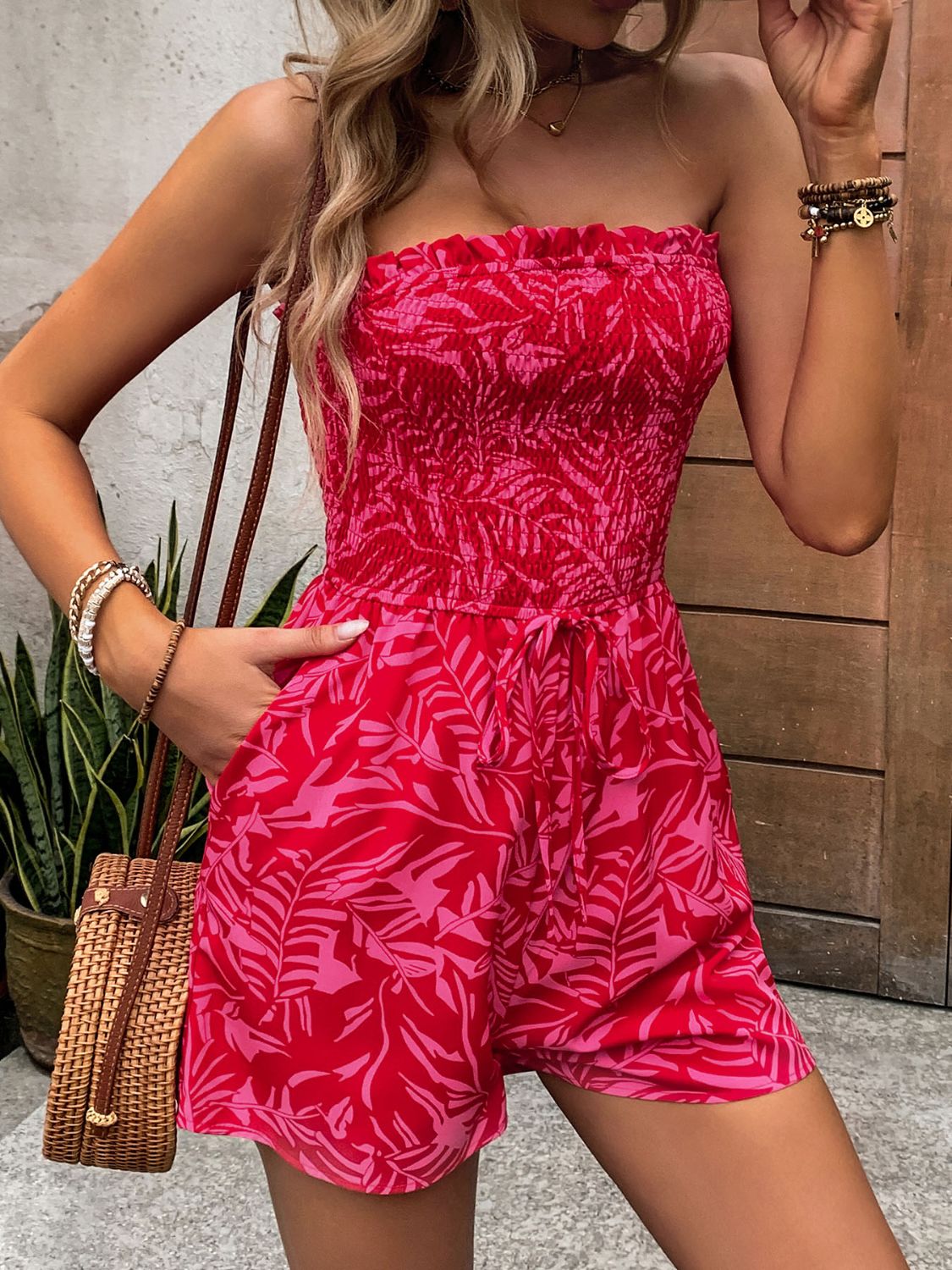 SMOCKED PRINTED TUBE ROMPER WITH POCKETS