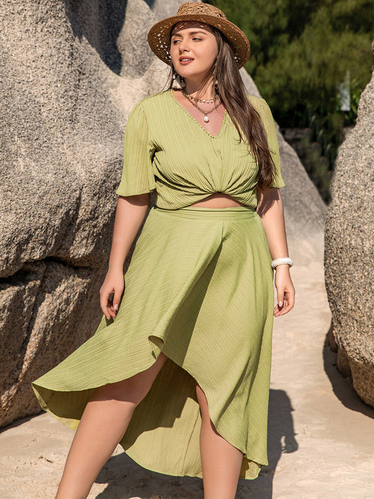 PLUS SIZE V-NECK 3/4 SLEEVE TOP AND HIGH-LOW SKIRT SET