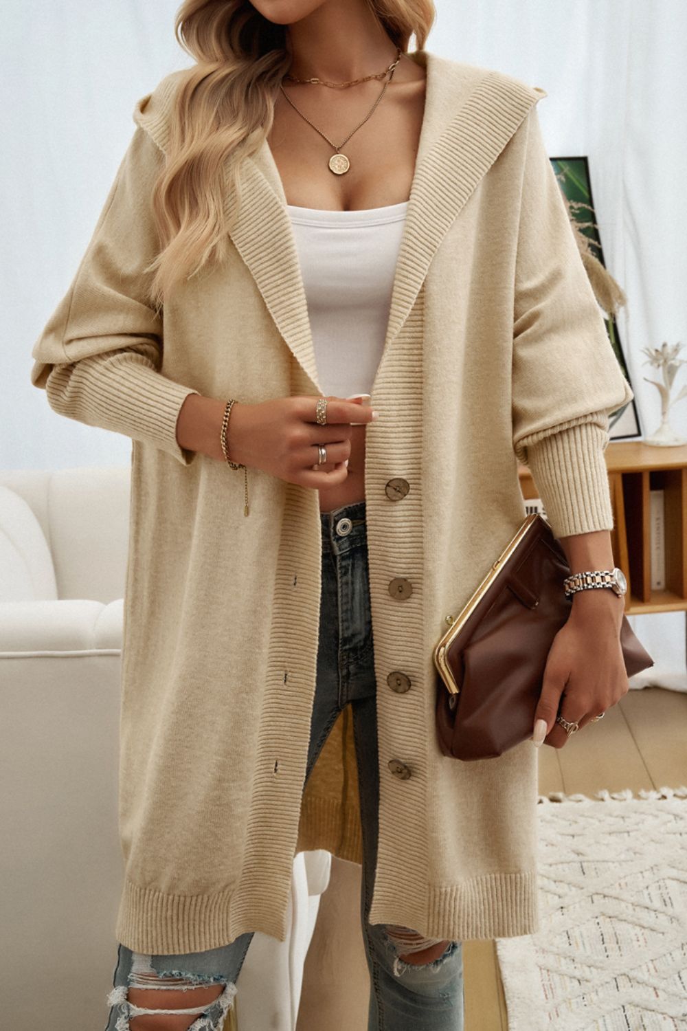 DEVINE BUTTON UP LONG SLEEVE HOODED CARDIGAN