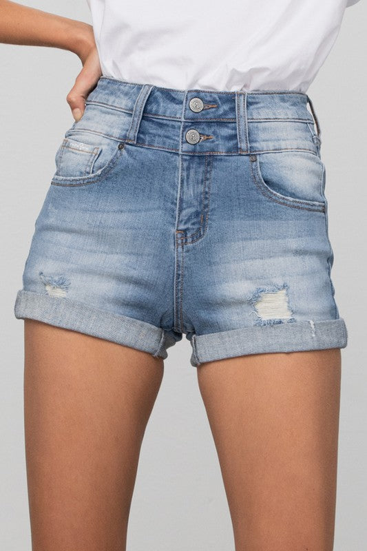 DOUBLE WAISTBAND DENIM SHORTS