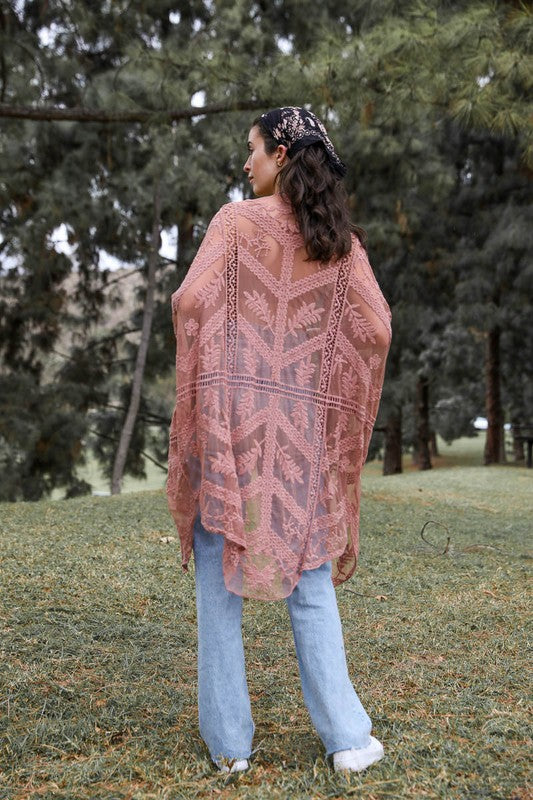 EMBROIDERED MESH LEAF KIMONO COVER-UP