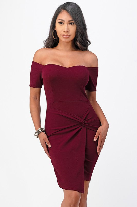 OFF THE SHOULDER FRONT TWIST BODYCON DRESS