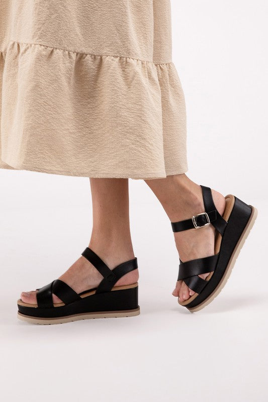 CLEVER S CROSS STRAP WEDGE SANDALS