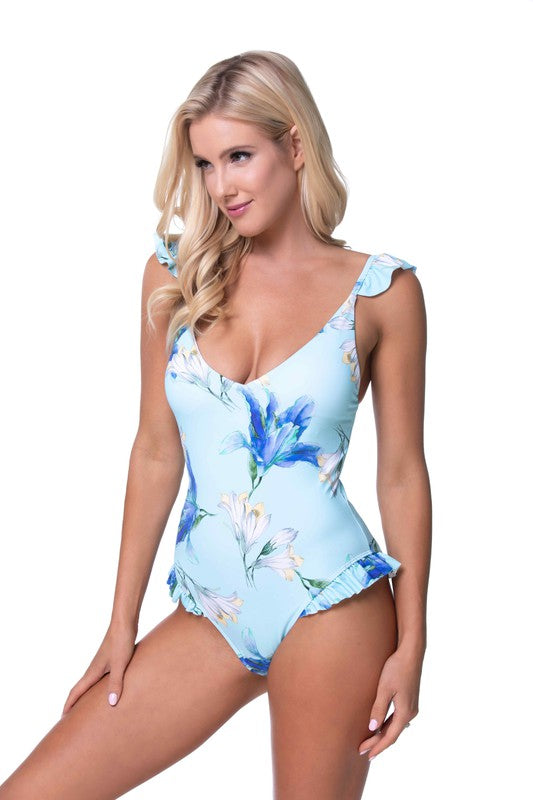 FLORAL RUFFLE TRIM ONE PIECE SWIMWEAR