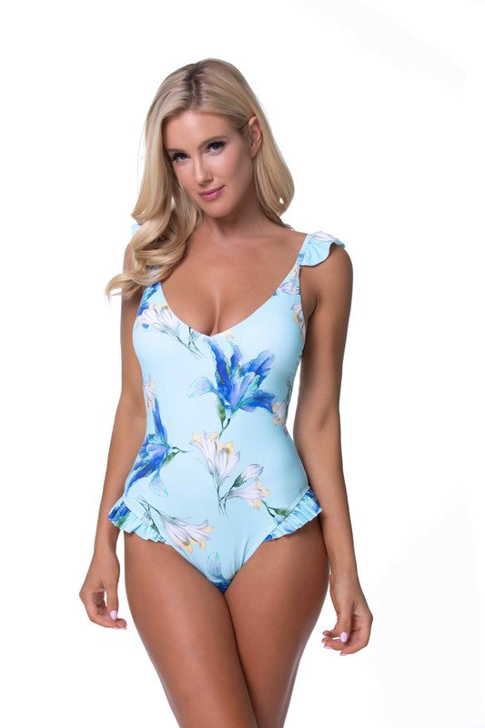 FLORAL RUFFLE TRIM ONE PIECE SWIMWEAR