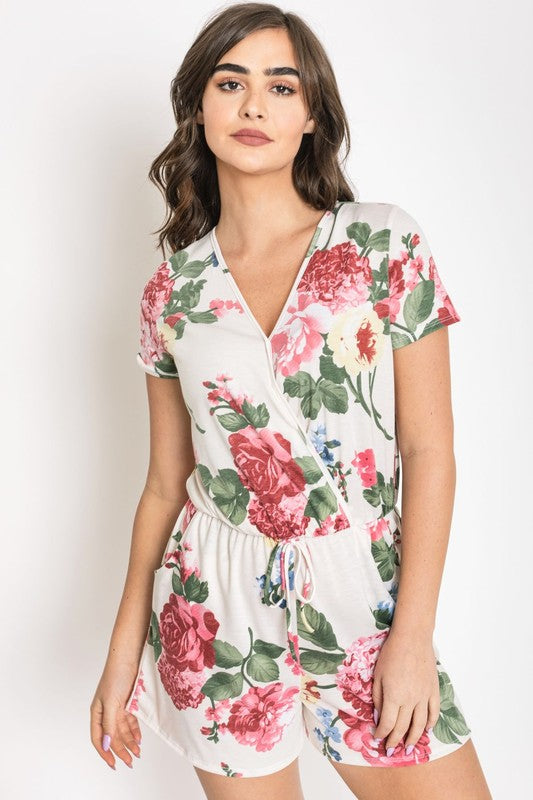 SURPLICE DRAWSTRING FLORAL ROMPER