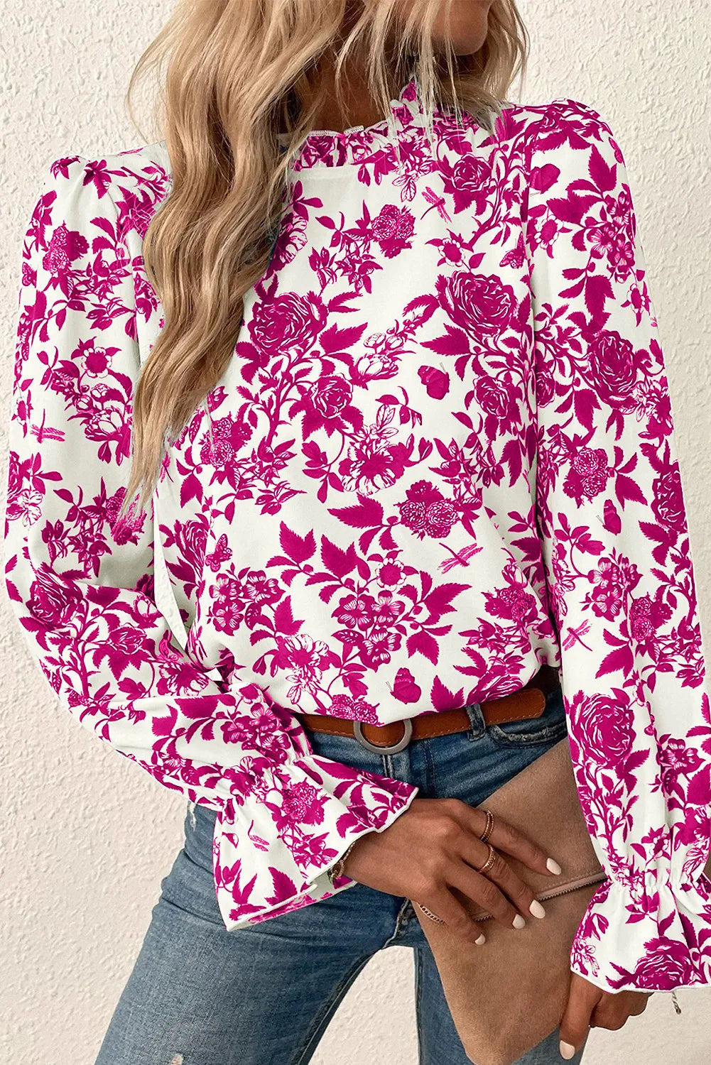 PRINTED MOCK NECK FLOUNCE SLEEVE BLOUSE