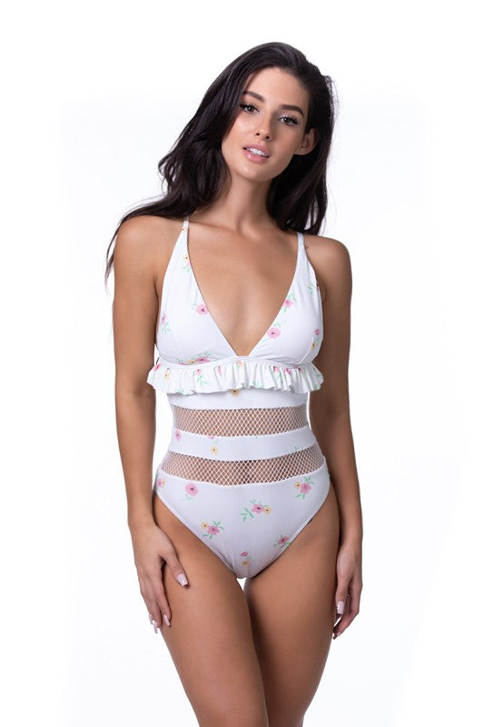 FLORAL RUFFLE TRIM MESH ONE PIECE SWIM