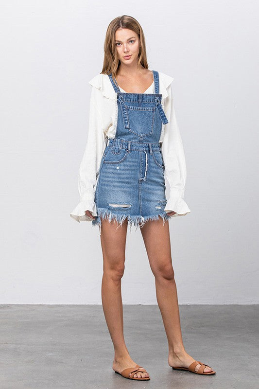 FRAYED DENIM OVERALLS DRESS