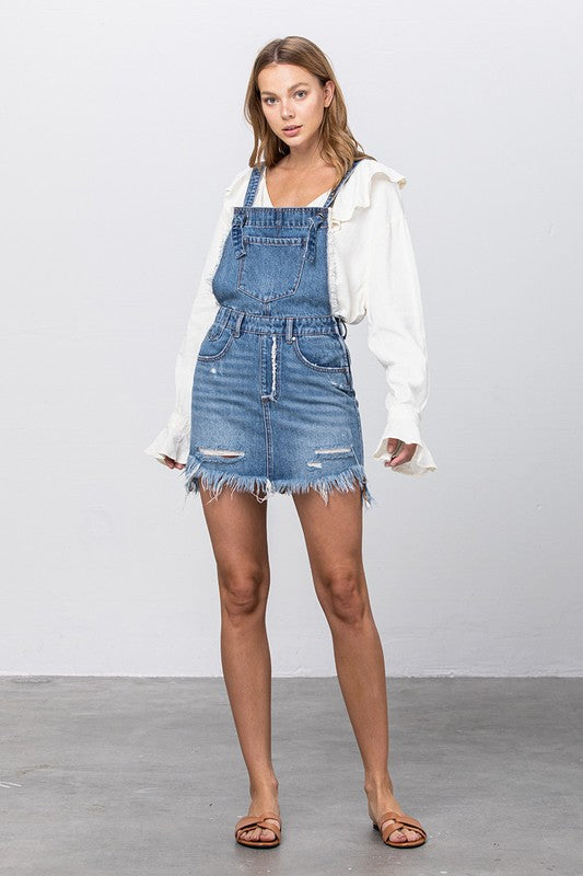 FRAYED DENIM OVERALLS DRESS