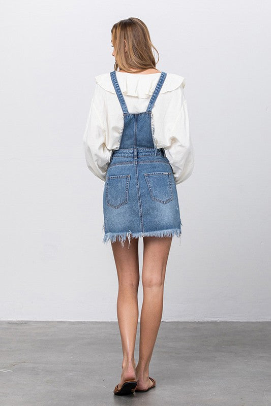 FRAYED DENIM OVERALLS DRESS