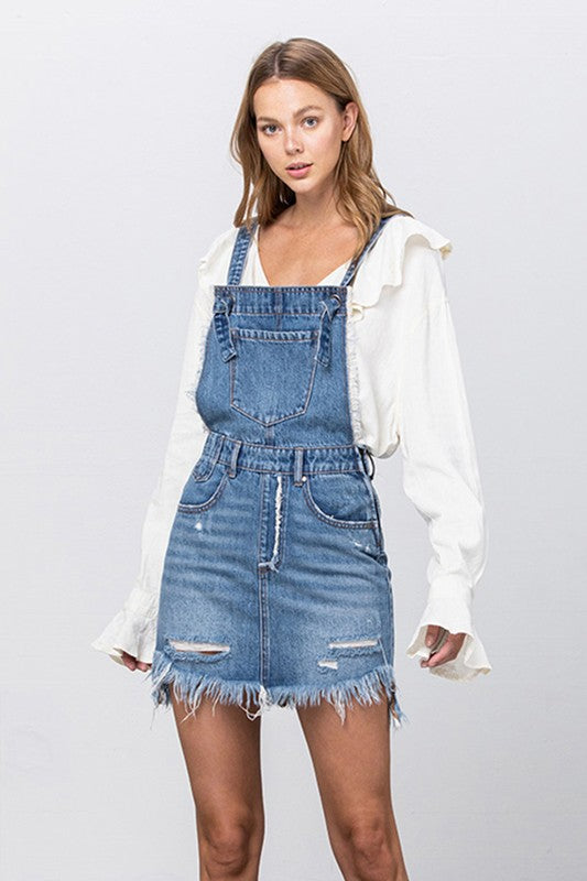 FRAYED DENIM OVERALLS DRESS