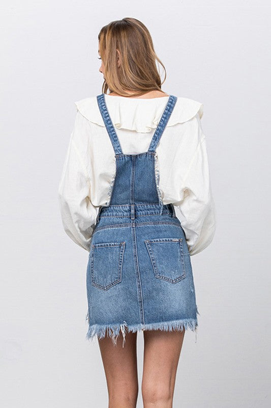 FRAYED DENIM OVERALLS DRESS