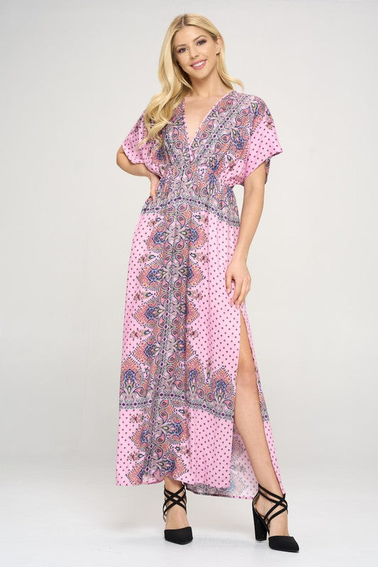 SURPLICE PRINTED MAXI DRESS WITH SIDE SLIT
