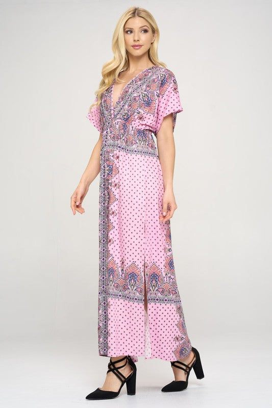 SURPLICE PRINTED MAXI DRESS WITH SIDE SLIT
