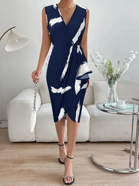 PRINTED SURPLICE SLEEVELESS MIDI DRESS