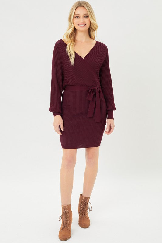 OFF THE SHOULDER WRAP BELTED RIBBED KNIT DRESS