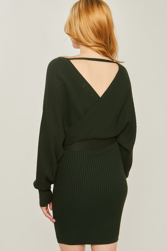 OFF THE SHOULDER WRAP BELTED RIBBED KNIT DRESS