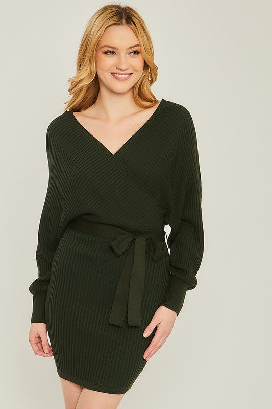 OFF THE SHOULDER WRAP BELTED RIBBED KNIT DRESS