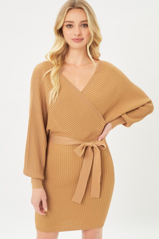 OFF THE SHOULDER WRAP BELTED RIBBED KNIT DRESS