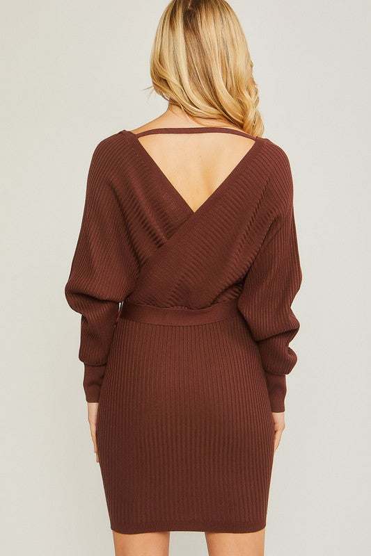 OFF THE SHOULDER WRAP BELTED RIBBED KNIT DRESS